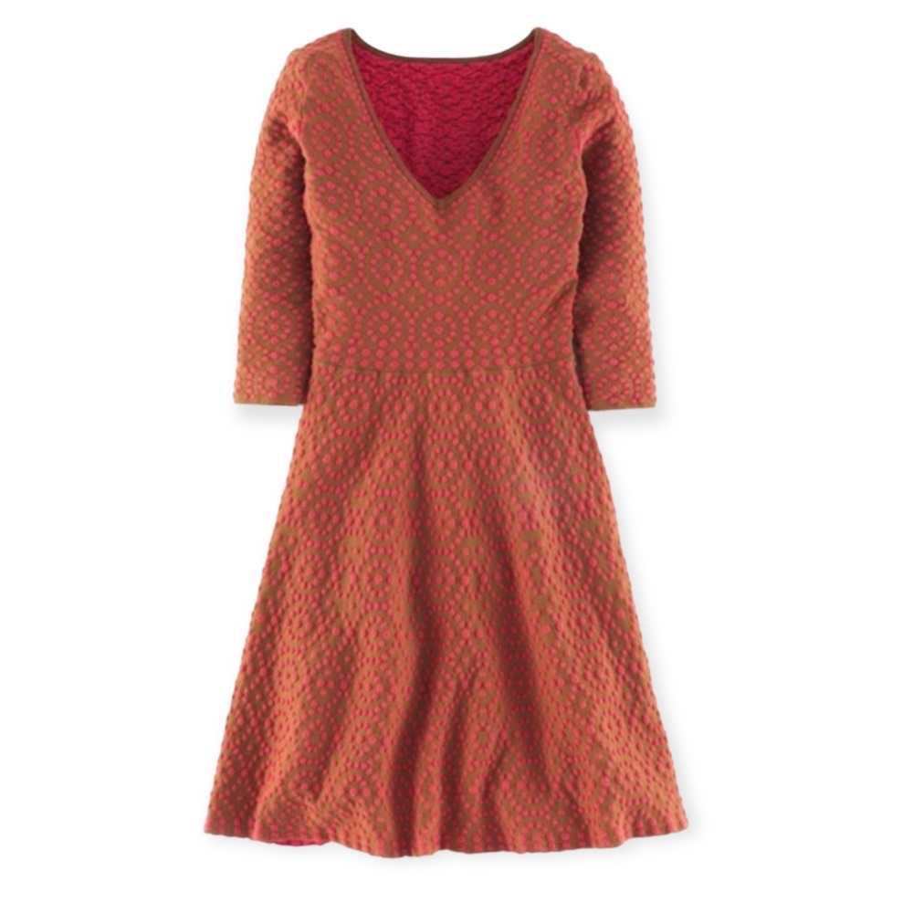Boden Annabel V Neck Textured Dress Women’s size 6 Petite Brown Pink Polka Dot